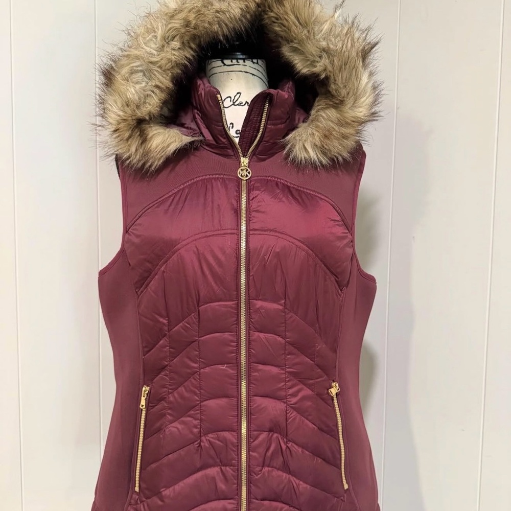 Michael Kors Maroon Puffer Vest with Faux Fur Trim